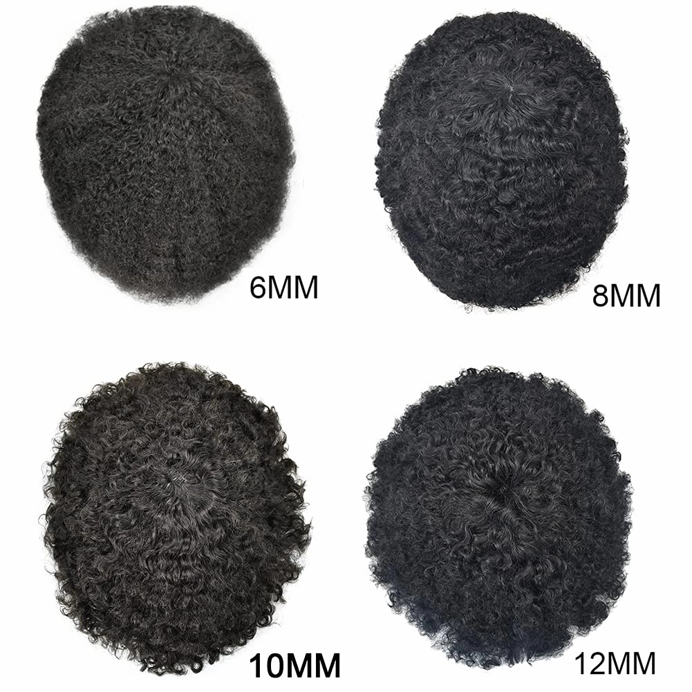 Man Weave Hair Black Men Curly Brazilian Hair Afro Toupee American African Mens Wig Full Poly Men Wave Hair Piece (#1 Jet Black, 8MM Weave)