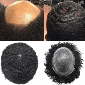 Man Weave Hair Black Men Curly Brazilian Hair Afro Toupee American African Mens Wig Full Poly Men Wave Hair Piece (#1 Jet Black, 8MM Weave)