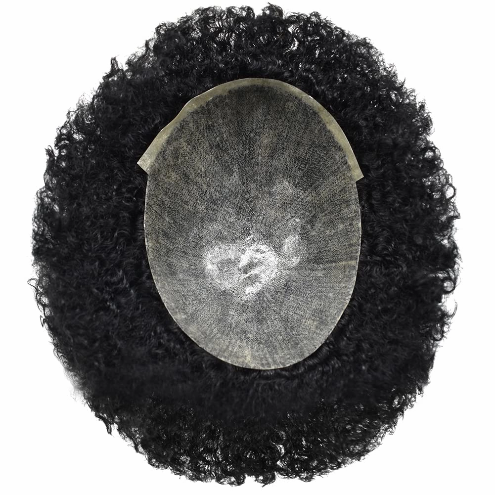 Man Weave Hair Black Men Curly Brazilian Hair Afro Toupee American African Mens Wig Full Poly Men Wave Hair Piece (#1 Jet Black, 8MM Weave)