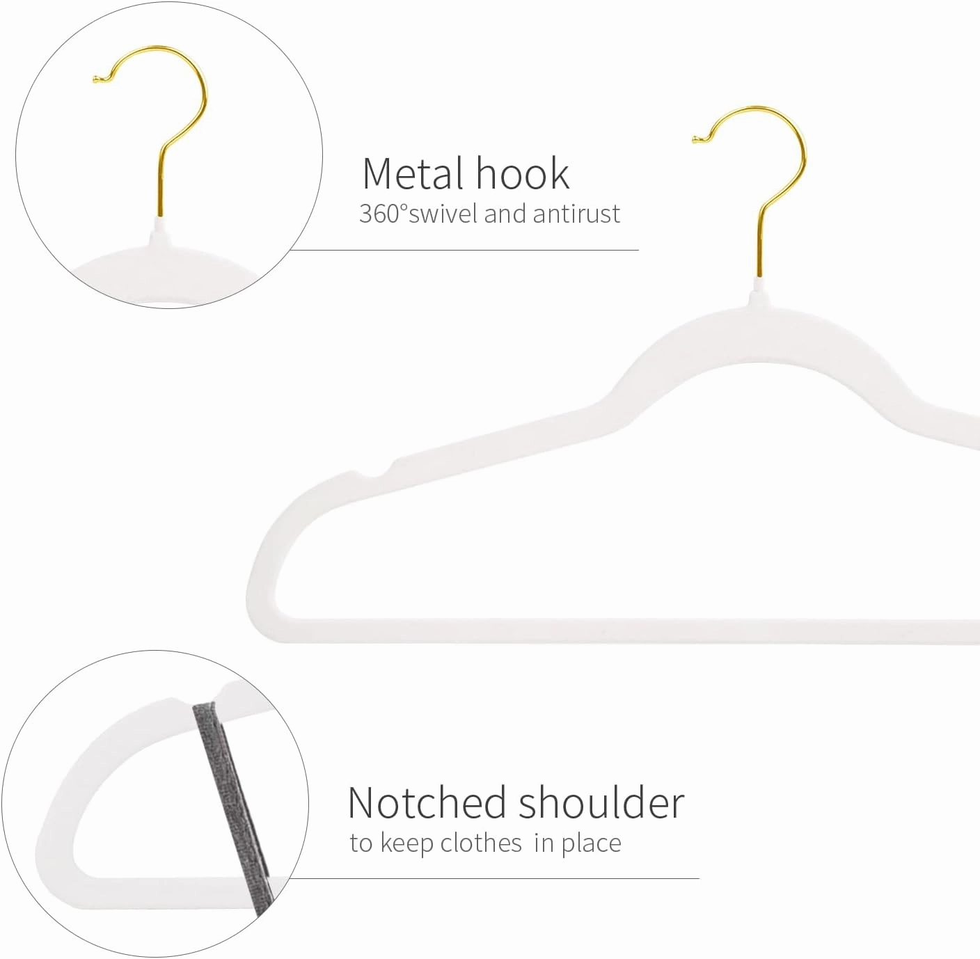 ManGotree Velvet Coat Hangers, Non-Slip Felt Suit Hangers, Ultra-Slim Space Saving Clothes Hanger with 360° Swivel Gold Hook, Sturdy for Coat, Suit, Shirt, Dress, Pant (36 Pack, White)