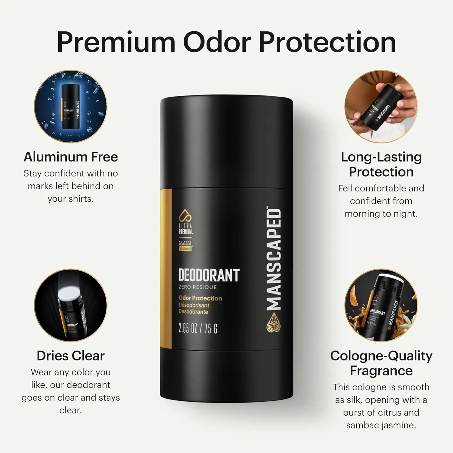 MANSCAPED® UltraPremium Deodorant, Aluminum-Free Clear Formula, Soft and Comfortable with Cologne-Quality Fragrance for Under Arm Odor Protection, 2.65 oz Stick (1 Pack)