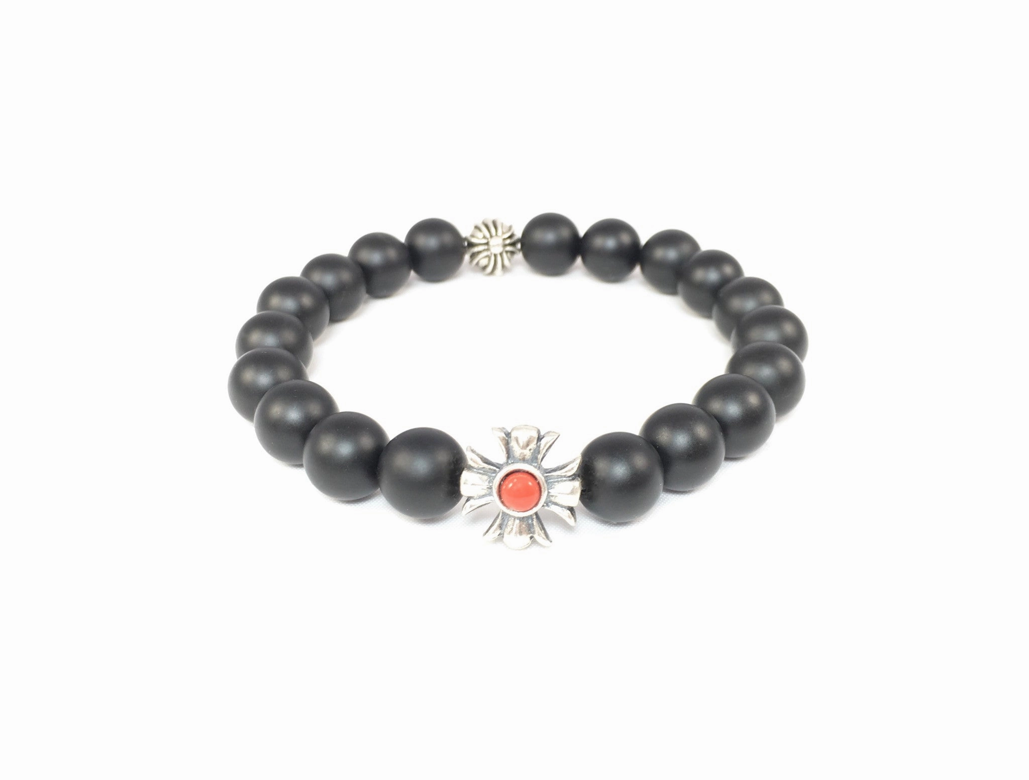 Matte Black Onyx Bracelet with Sterling Silver & Turquoise/Red Coral Enamel Maltese Cross
