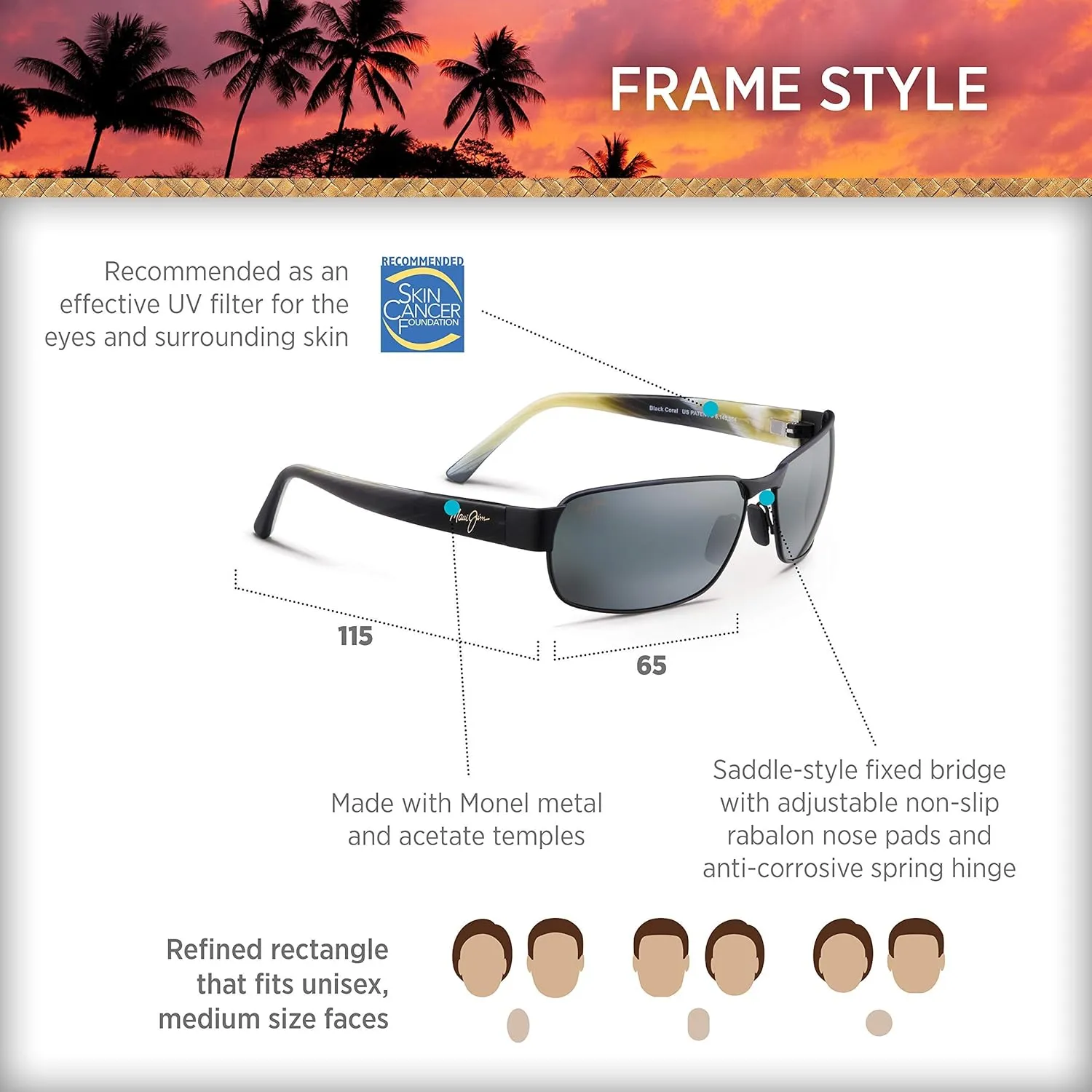 Maui Jim Men's and Women's Black Coral Polarized Rectangular Sunglasses