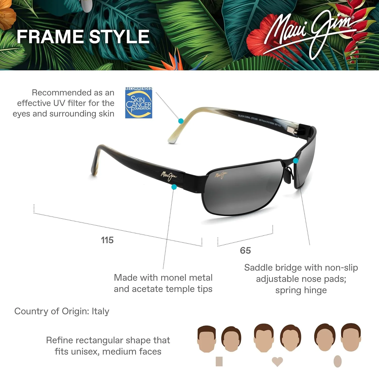Maui Jim Men's and Women's Black Coral Polarized Rectangular Sunglasses
