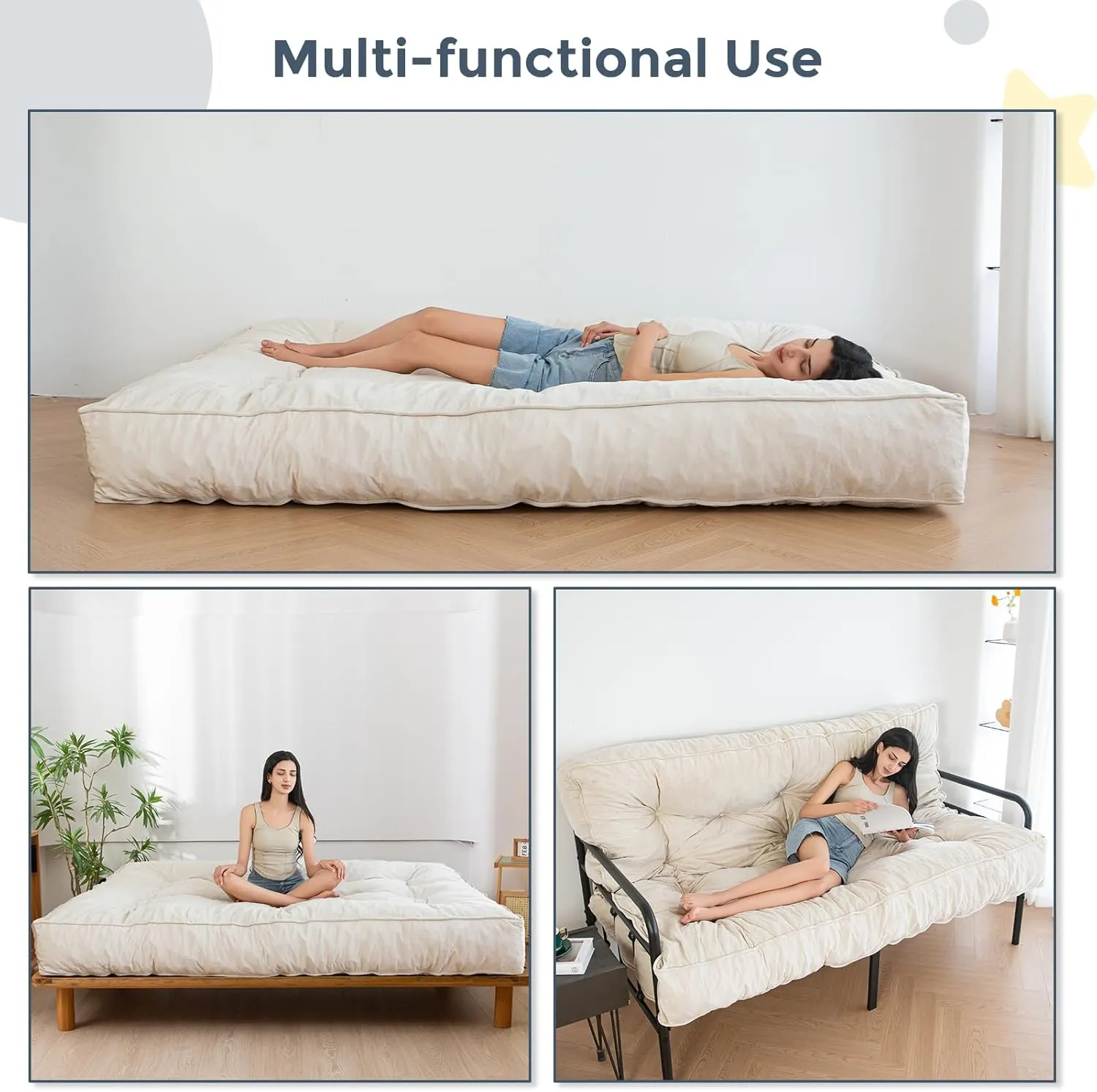 MAXYOYO 8" Futon Mattress Full Size, Extra Thick Futons Sofa Couch Bed, Velvet Floor Mattress for Adults, Shredded Foam Filling (Frame Not Included), Beige