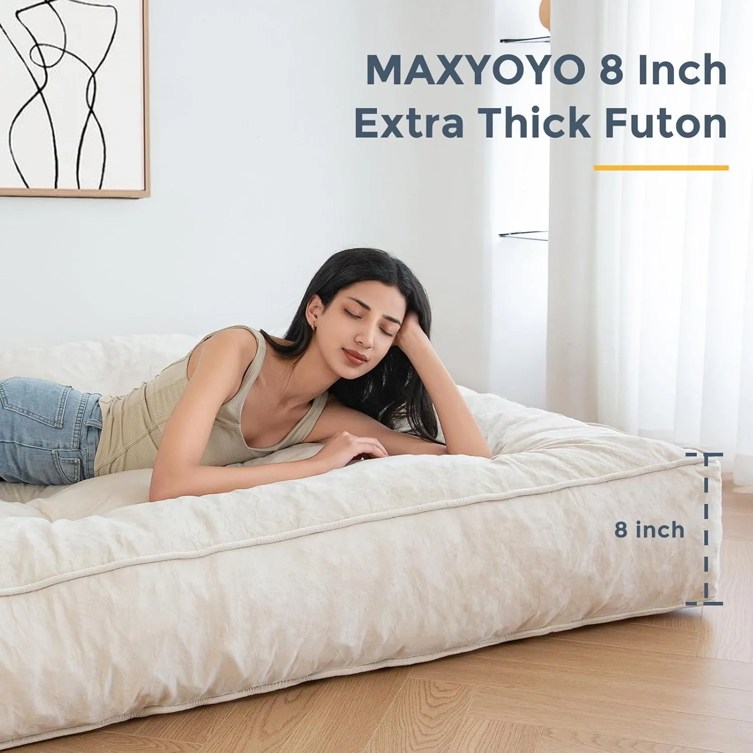 MAXYOYO 8" Futon Mattress Full Size, Extra Thick Futons Sofa Couch Bed, Velvet Floor Mattress for Adults, Shredded Foam Filling (Frame Not Included), Beige
