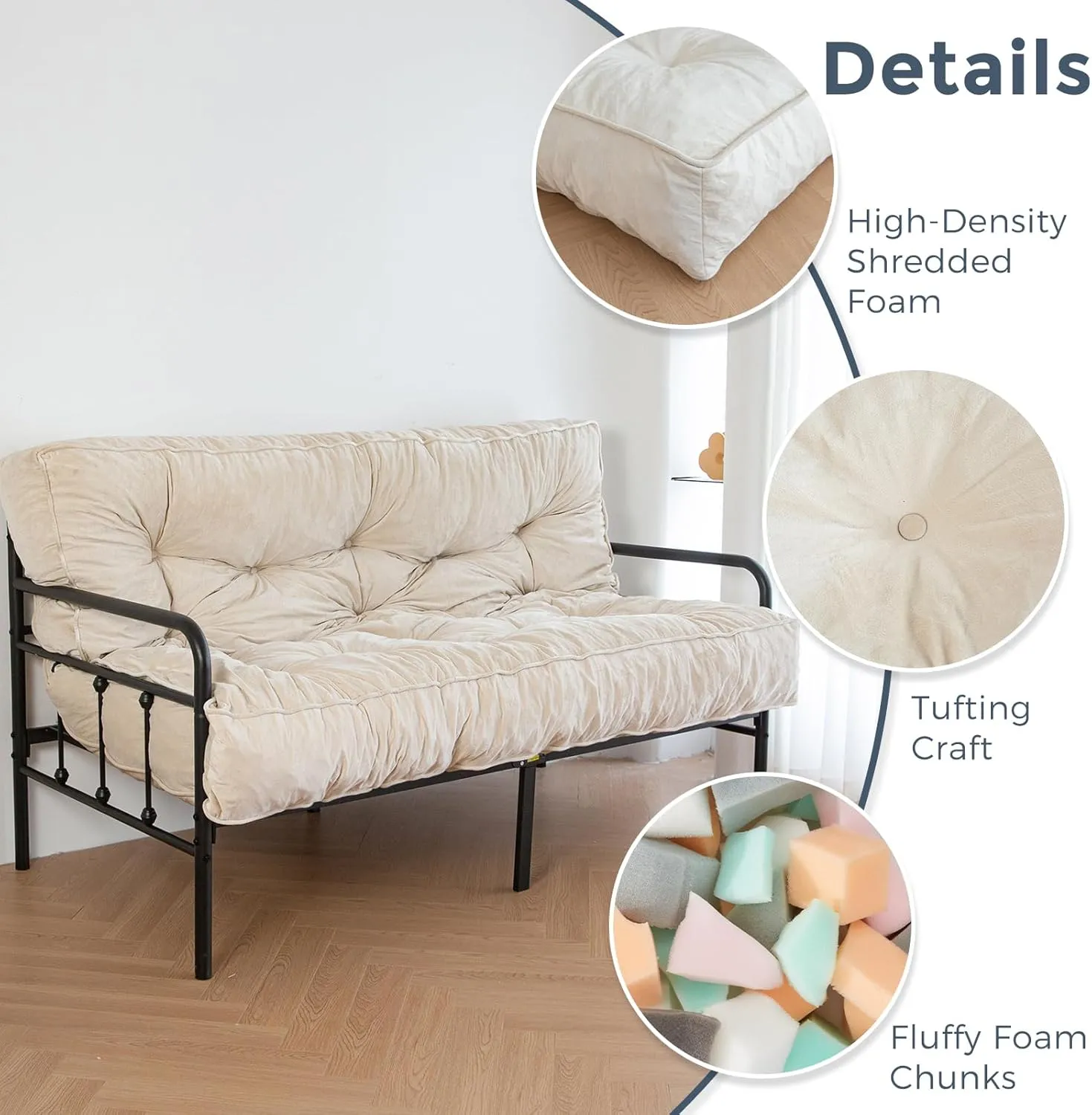 MAXYOYO 8" Futon Mattress Full Size, Extra Thick Futons Sofa Couch Bed, Velvet Floor Mattress for Adults, Shredded Foam Filling (Frame Not Included), Beige