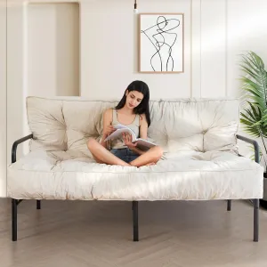 MAXYOYO 8" Futon Mattress Full Size, Extra Thick Futons Sofa Couch Bed, Velvet Floor Mattress for Adults, Shredded Foam Filling (Frame Not Included), Beige