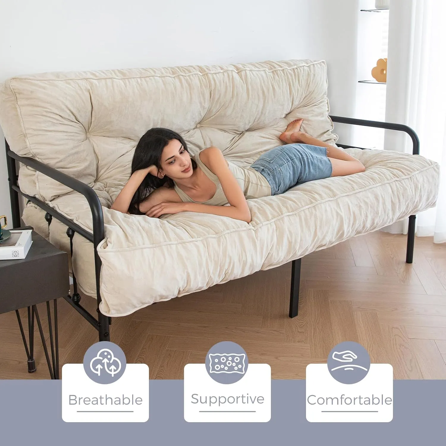 MAXYOYO 8" Futon Mattress Full Size, Extra Thick Futons Sofa Couch Bed, Velvet Floor Mattress for Adults, Shredded Foam Filling (Frame Not Included), Beige