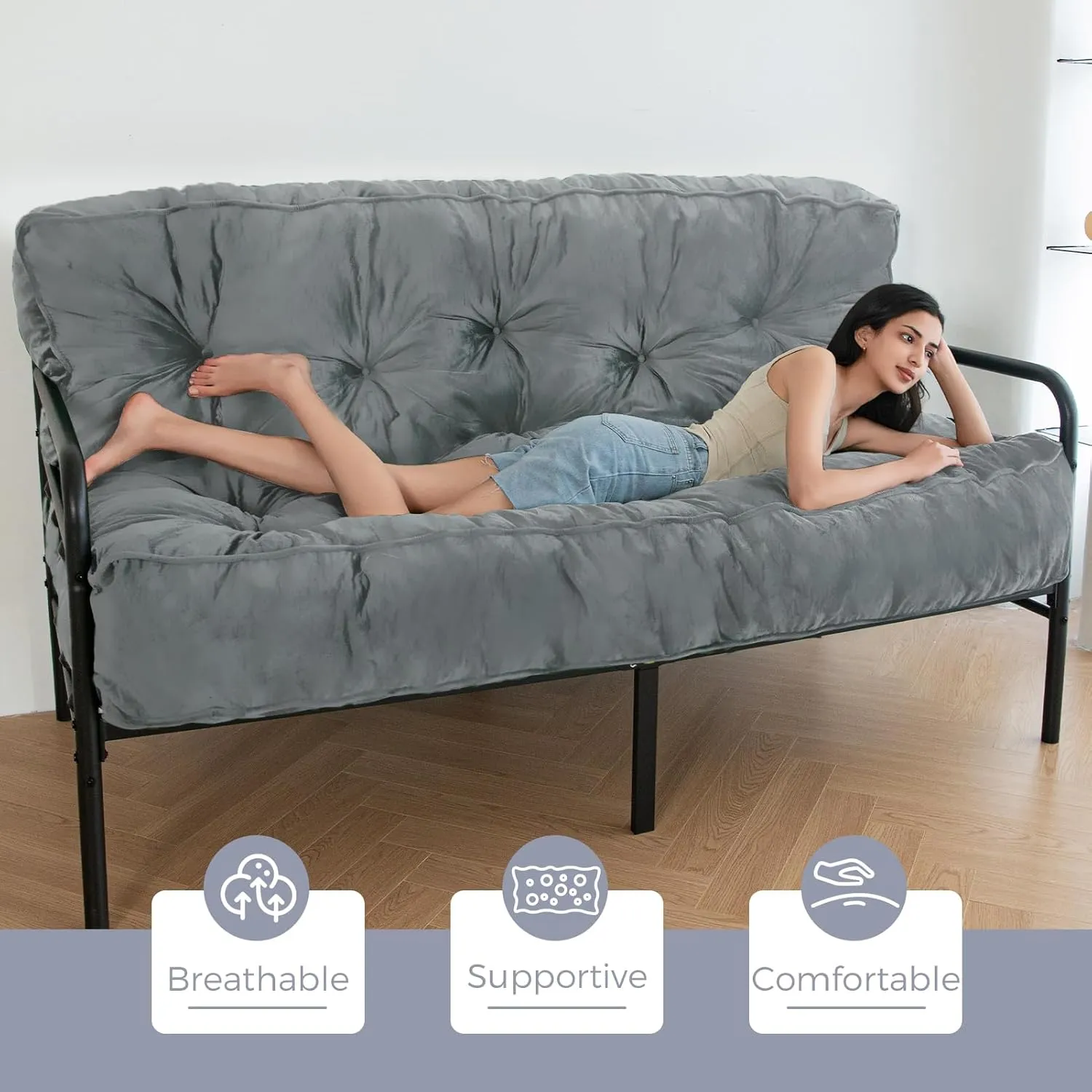 MAXYOYO 8" Futon Mattress Full Size, Extra Thick Futons Sofa Couch Bed, Velvet Floor Mattress for Adults, Shredded Foam Filling (Frame Not Included), Dark Grey