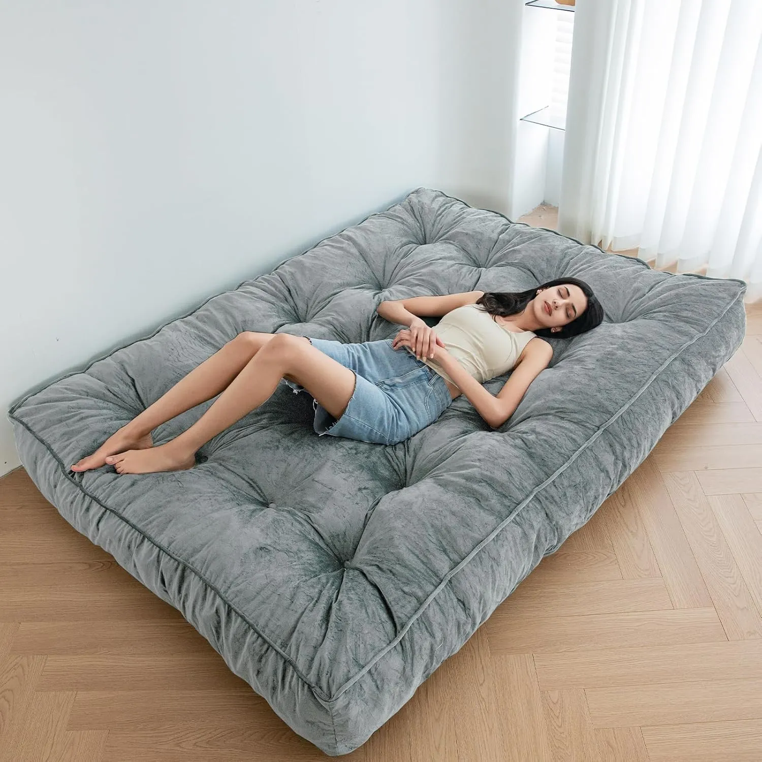 MAXYOYO 8" Futon Mattress Full Size, Extra Thick Futons Sofa Couch Bed, Velvet Floor Mattress for Adults, Shredded Foam Filling (Frame Not Included), Dark Grey