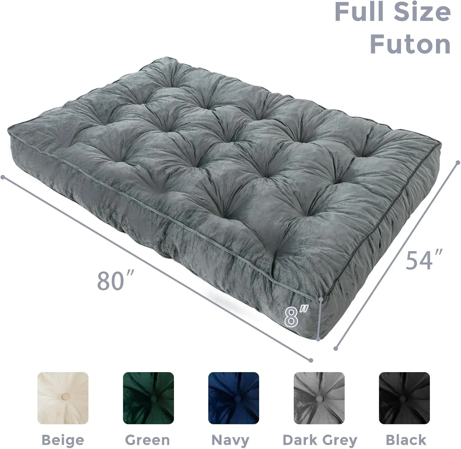 MAXYOYO 8" Futon Mattress Full Size, Extra Thick Futons Sofa Couch Bed, Velvet Floor Mattress for Adults, Shredded Foam Filling (Frame Not Included), Dark Grey