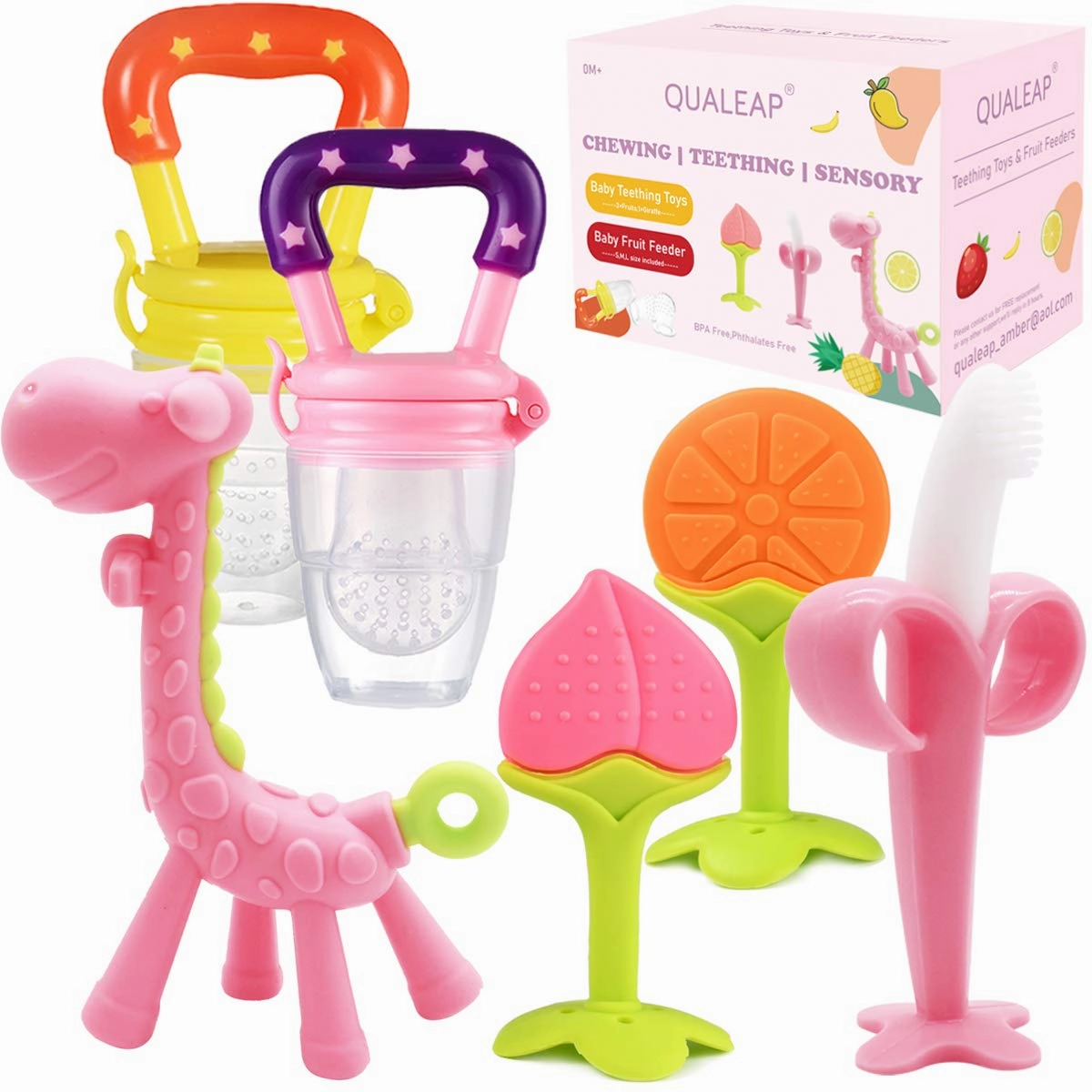 Medical-Grade Teething Toys for Babies 0-6 6-12 12-18 Months - with 4 × Adorable Baby Teethers & 2 × Baby Fruit Feeders - Soft Textures for Infant and Toddlers (Pink)