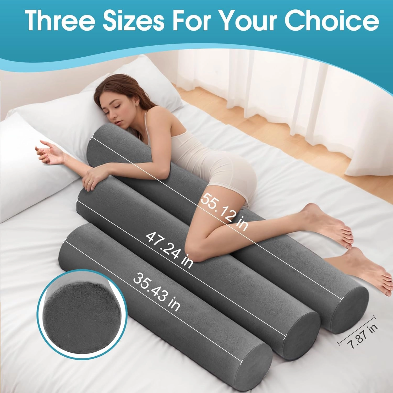 Memory Foam Body Pillow, Long Pillow for Bed, Big Full Body Pillows for Adults, Multifunctional Bolster Pillow with Removable & Washable Velvet Cover, Cylindrical Side Pillow (35.43"*7.9")