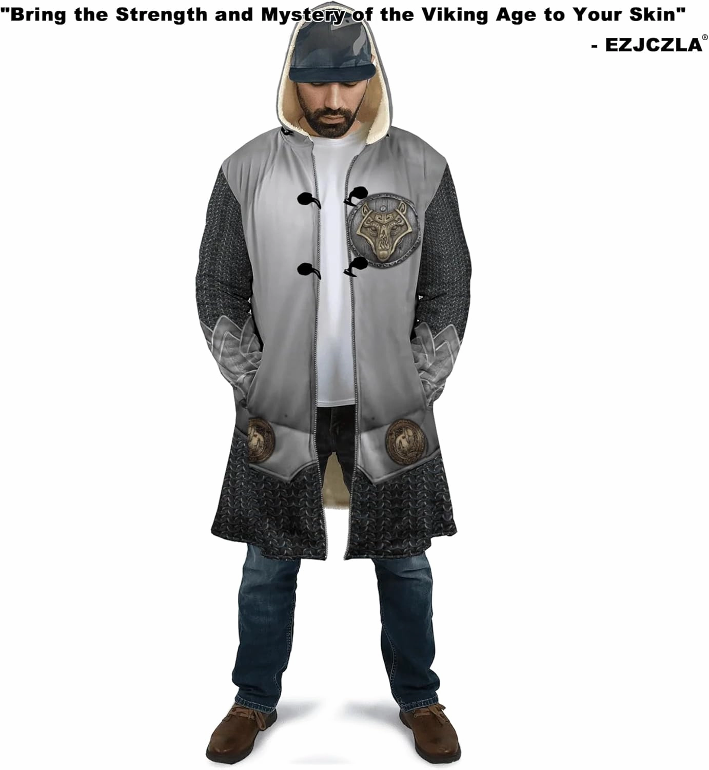 Men's Winter Warm Fleece Parka Jacket 3D Full Print Viking Medieval-Inspired Hooded Cloak Two Pocket Outdoor Couple Cape