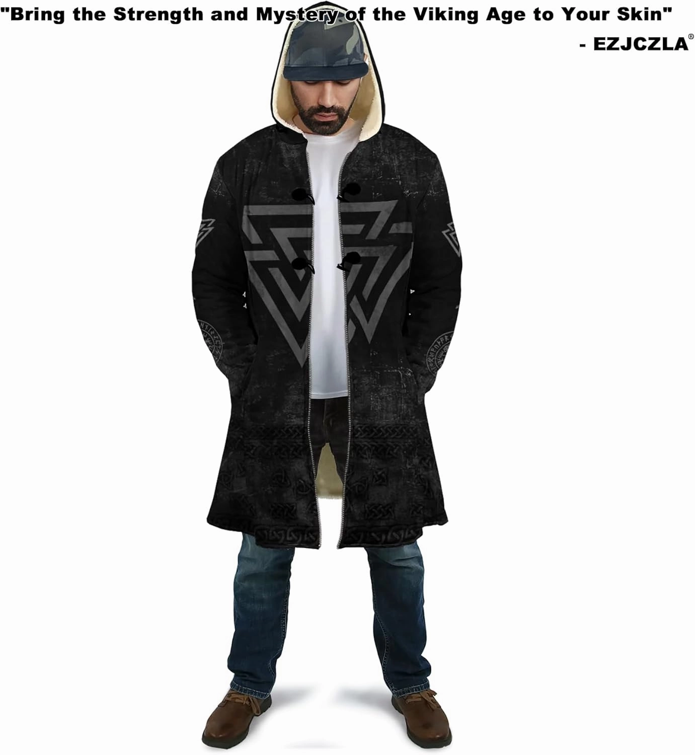 Men's Winter Warm Fleece Parka Jacket 3D Full Print Viking Medieval-Inspired Hooded Cloak Two Pocket Outdoor Couple Cape