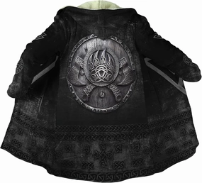 Men's Winter Warm Fleece Parka Jacket 3D Full Print Viking Medieval-Inspired Hooded Cloak Two Pocket Outdoor Couple Cape