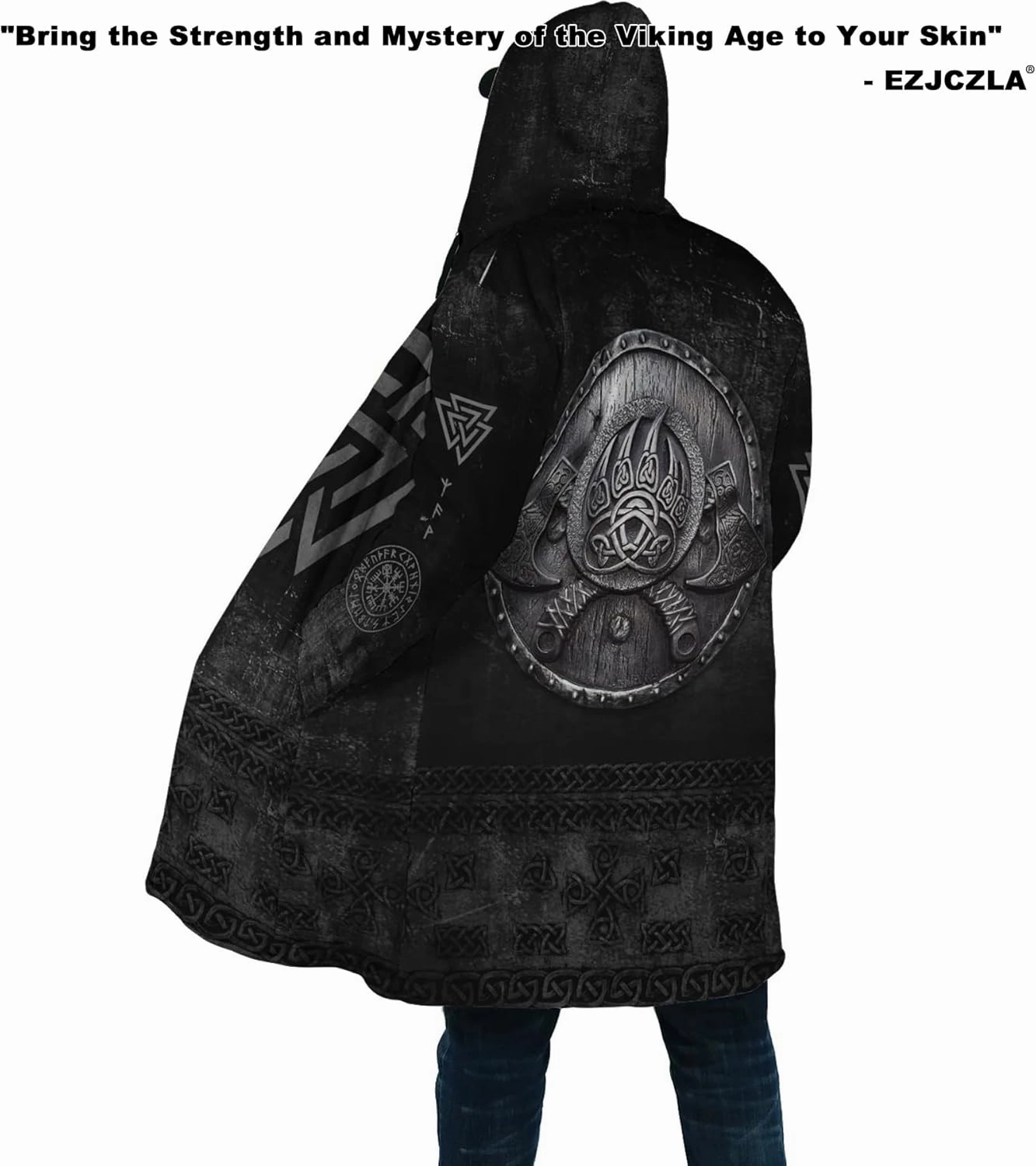 Men's Winter Warm Fleece Parka Jacket 3D Full Print Viking Medieval-Inspired Hooded Cloak Two Pocket Outdoor Couple Cape