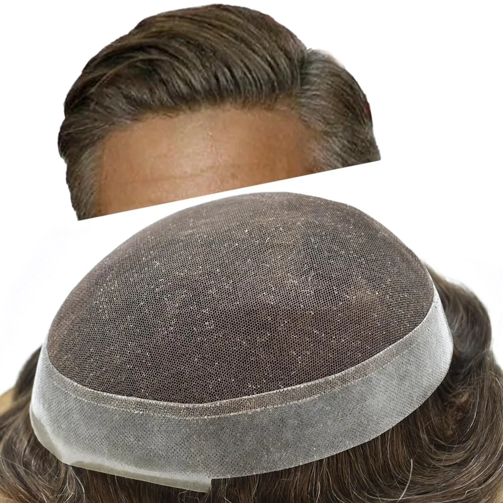 Mens Toupee Hair Piece French Lace Toupee For Men Hair Replacement System For Men Hairpiece Natural Hairline 7X9#2 Darkest Brown
