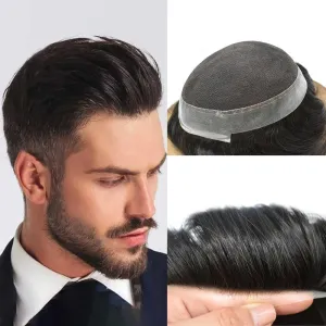 Mens Toupee Hair Piece French Lace Toupee For Men Hair Replacement System For Men Hairpiece Natural Hairline 8X10#1 Jet Black