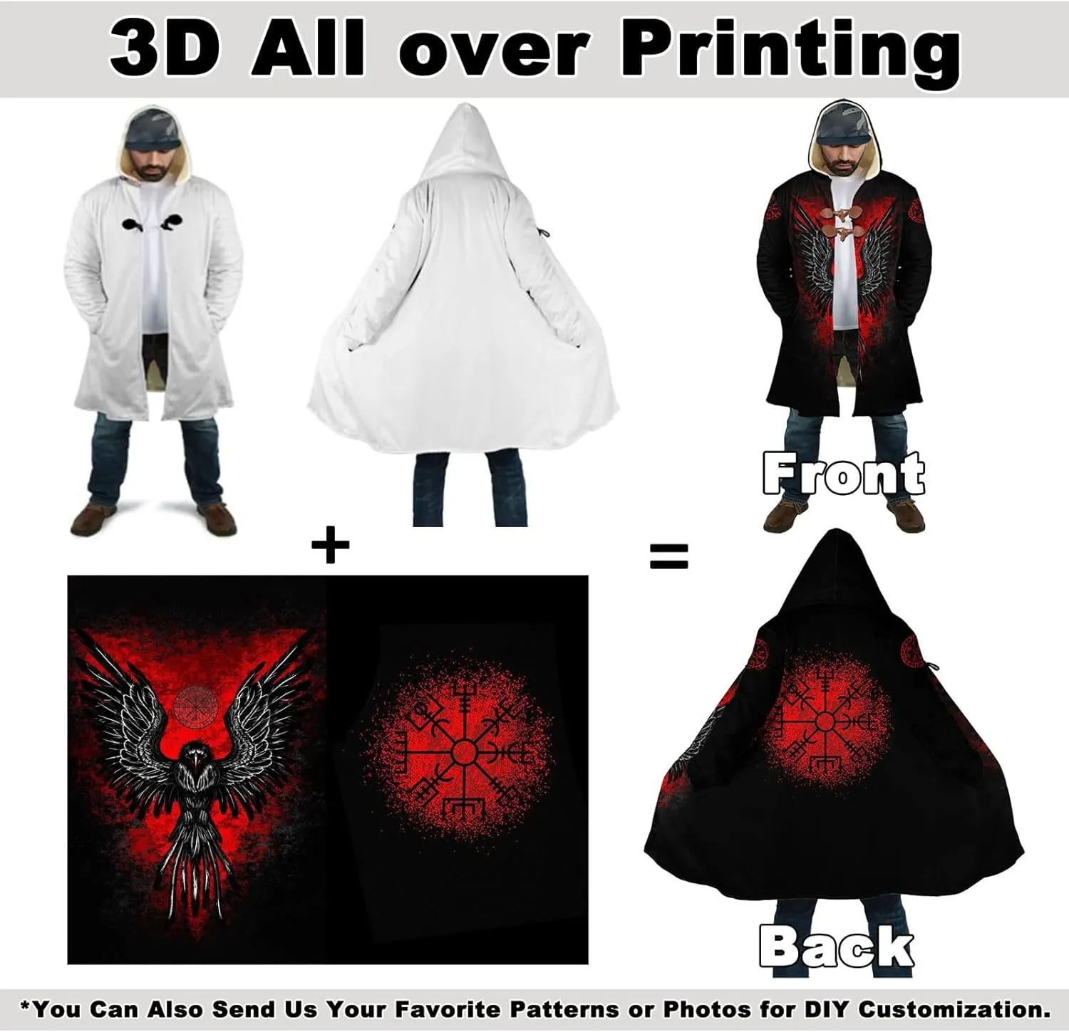 Men's Winter Warm Robe, Viking Warrior Armor Valhalla 3D Full Print, Cashmere Hooded Coat Parka, Horn Buckle Bathrobe