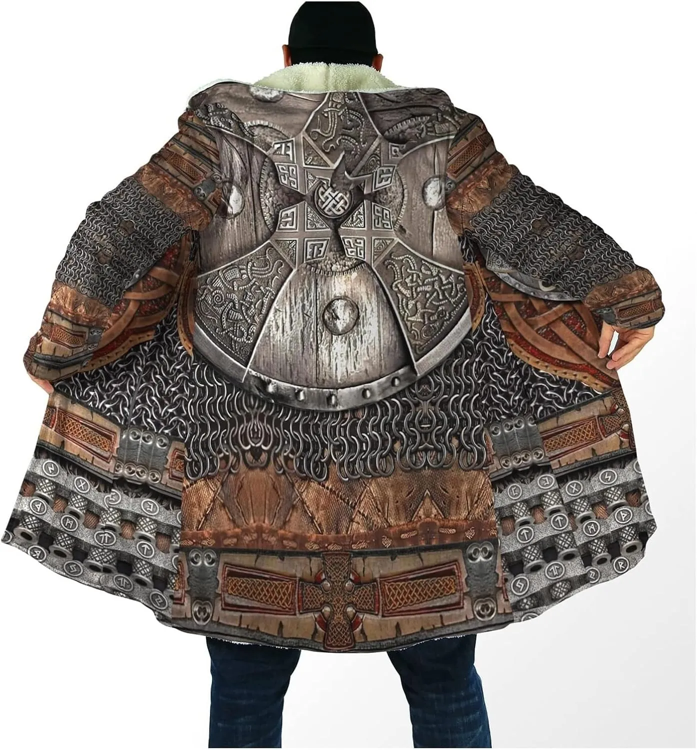 Men's Winter Warm Robe, Viking Warrior Armor Valhalla 3D Full Print, Cashmere Hooded Coat Parka, Horn Buckle Bathrobe