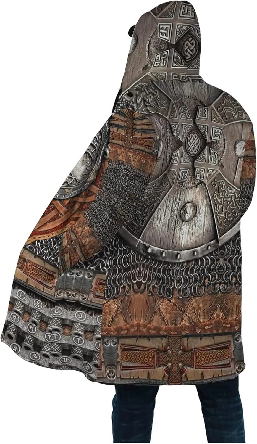 Men's Winter Warm Robe, Viking Warrior Armor Valhalla 3D Full Print, Cashmere Hooded Coat Parka, Horn Buckle Bathrobe