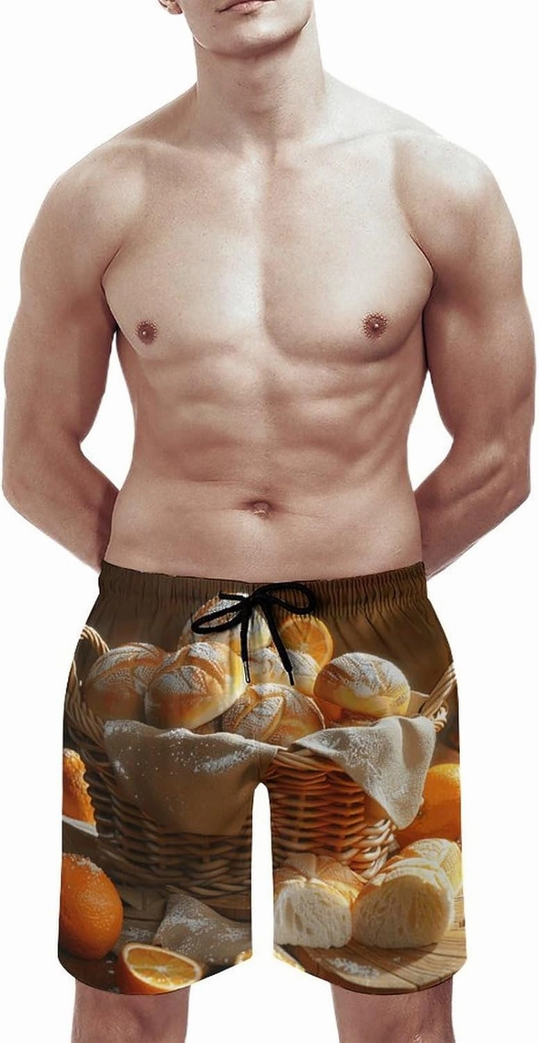 Mens Swim Trunks with Mesh Lining Basket of Bread Drawstring Beach Shorts Quick Dry Board Shorts