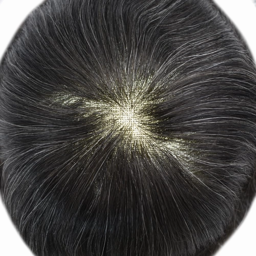 Mens Toupee French Lace Hairpiece Human Hair Replacement System For Men Hair Piece Toupee For Men Hair Prosthesis Units For Men7x9Medium light density#1B20 1B# OFF BLACK 20% GREY