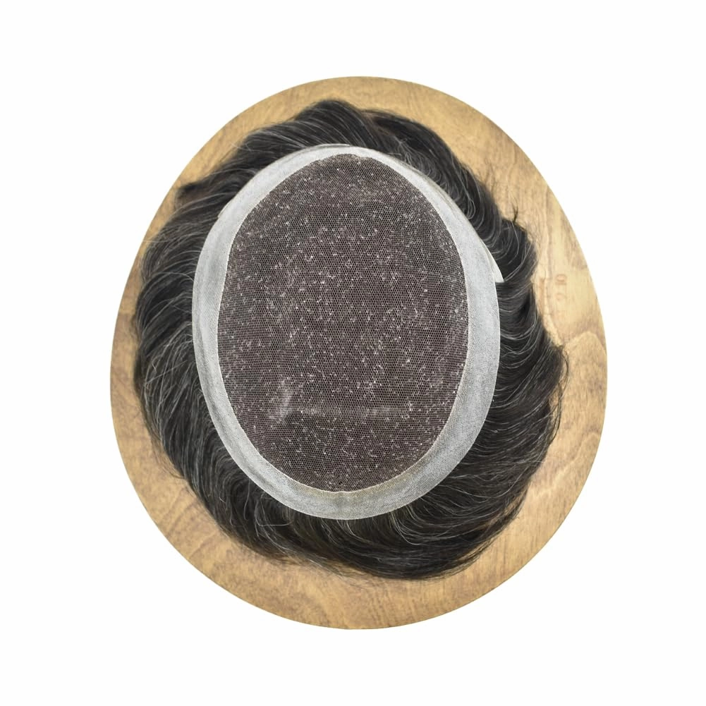 Mens Toupee French Lace Hairpiece Human Hair Replacement System For Men Hair Piece Toupee For Men Hair Prosthesis Units For Men7x9Medium light density#1B20 1B# OFF BLACK 20% GREY