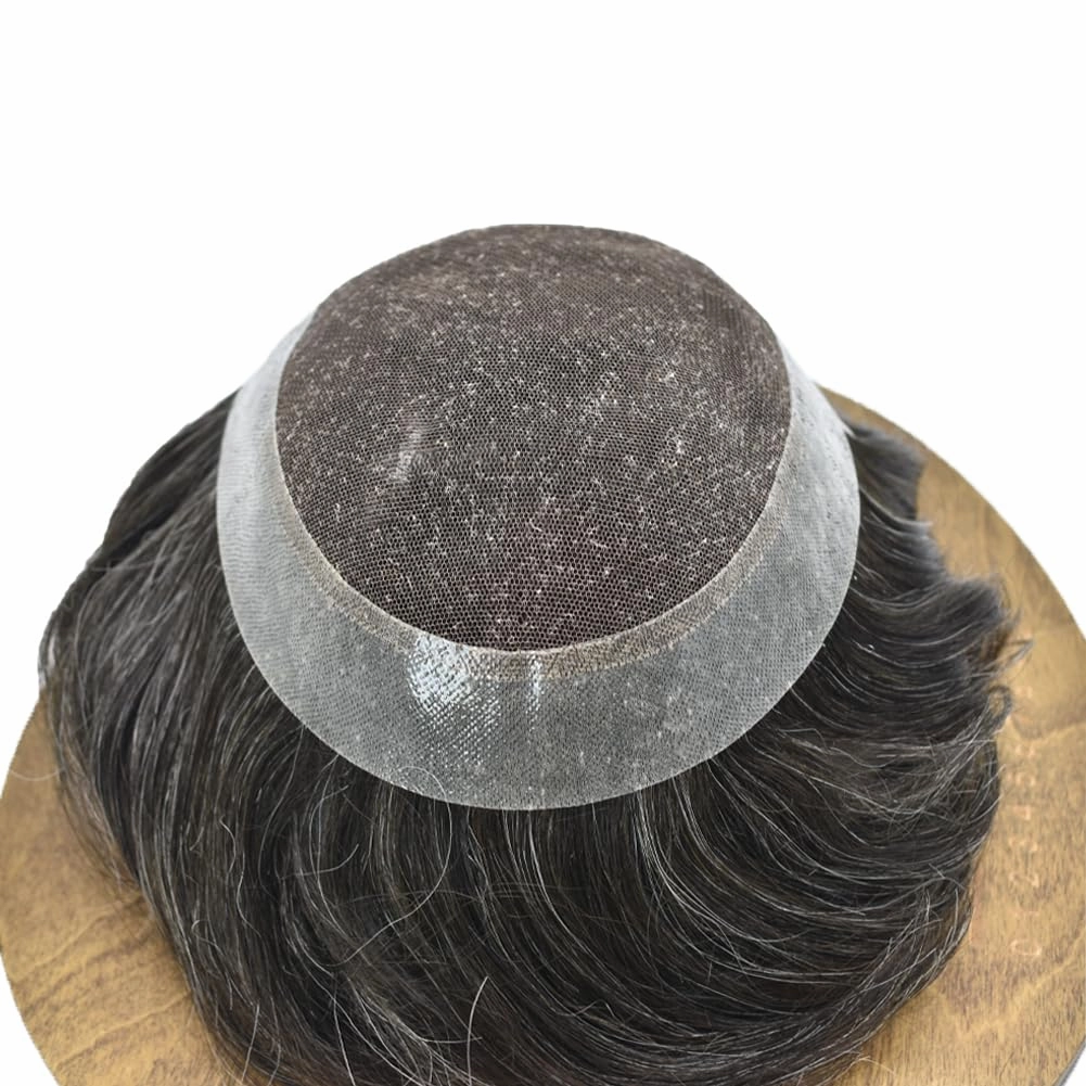 Mens Toupee French Lace Hairpiece Human Hair Replacement System For Men Hair Piece Toupee For Men Hair Prosthesis Units For Men7x9Medium light density#1B20 1B# OFF BLACK 20% GREY