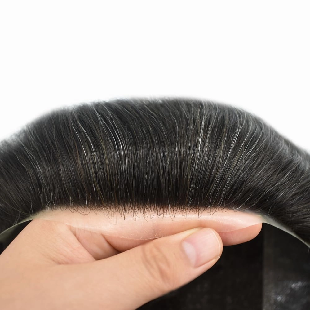 Mens Toupee French Lace Hairpiece Human Hair Replacement System For Men Hair Piece Toupee For Men Hair Prosthesis Units For Men7x9Medium light density#1B20 1B# OFF BLACK 20% GREY