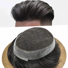 Mens Toupee French Lace Hairpiece Human Hair Replacement System For Men Hair Piece Toupee For Men Hair Prosthesis Units For Men7x9Medium light density#1B20 1B# OFF BLACK 20% GREY
