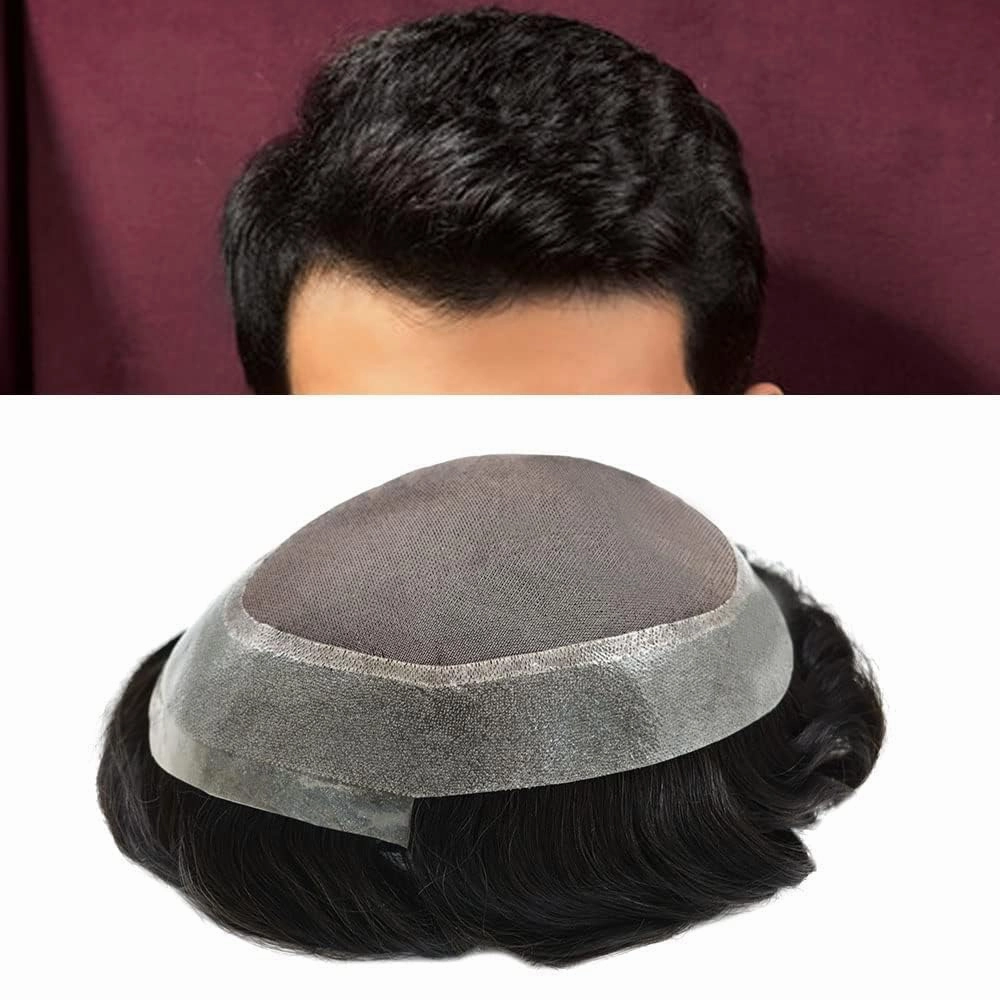 Mens Toupee Human Hair Toupee for Men Durable Fine Mono Lace Hair System for Men Clear Poly Hair Replacement for Men Hair Piece Hair men's hair prosthesis protesis capilar hombre 8x10 1B# OFF BLACK