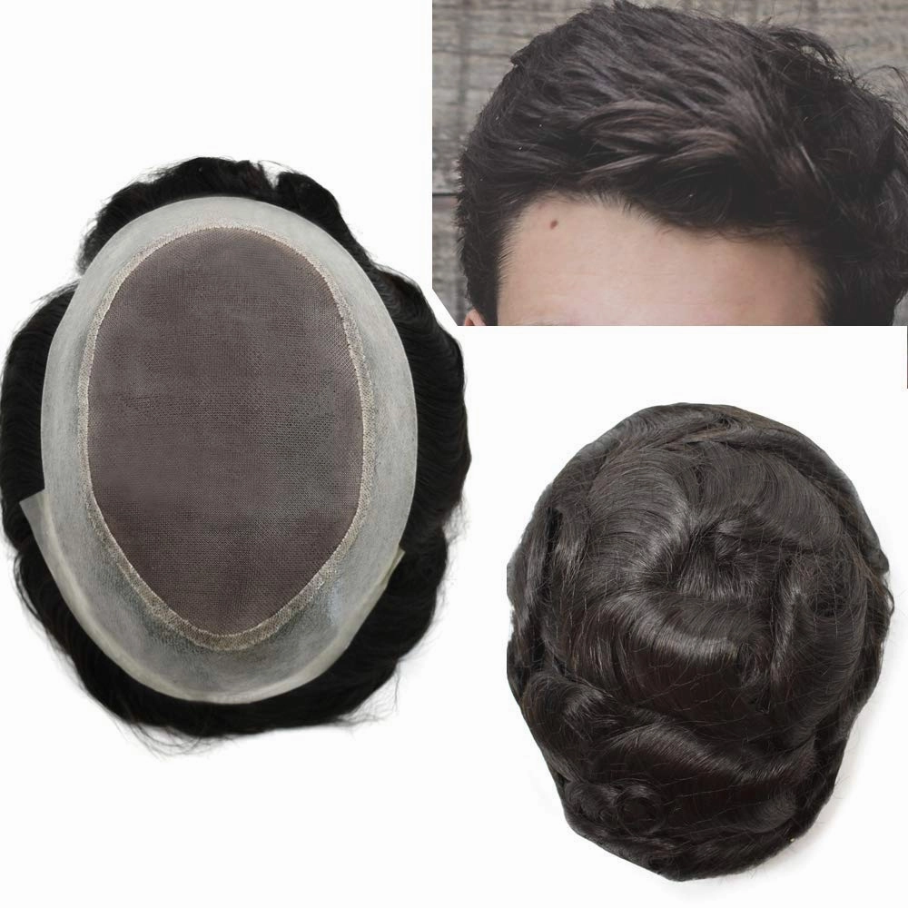 Mens Toupee Human Hair Toupee for Men Durable Fine Mono Lace Hair System for Men Clear Poly Hair Replacement for Men Hair Piece Hair men's hair prosthesis protesis capilar hombre 8x10 1B# OFF BLACK