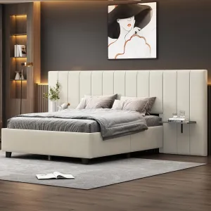 Merax Full Size Upholstered Platform Bed with Big Headboard, Bedroom Furniture, Velvet, Beige