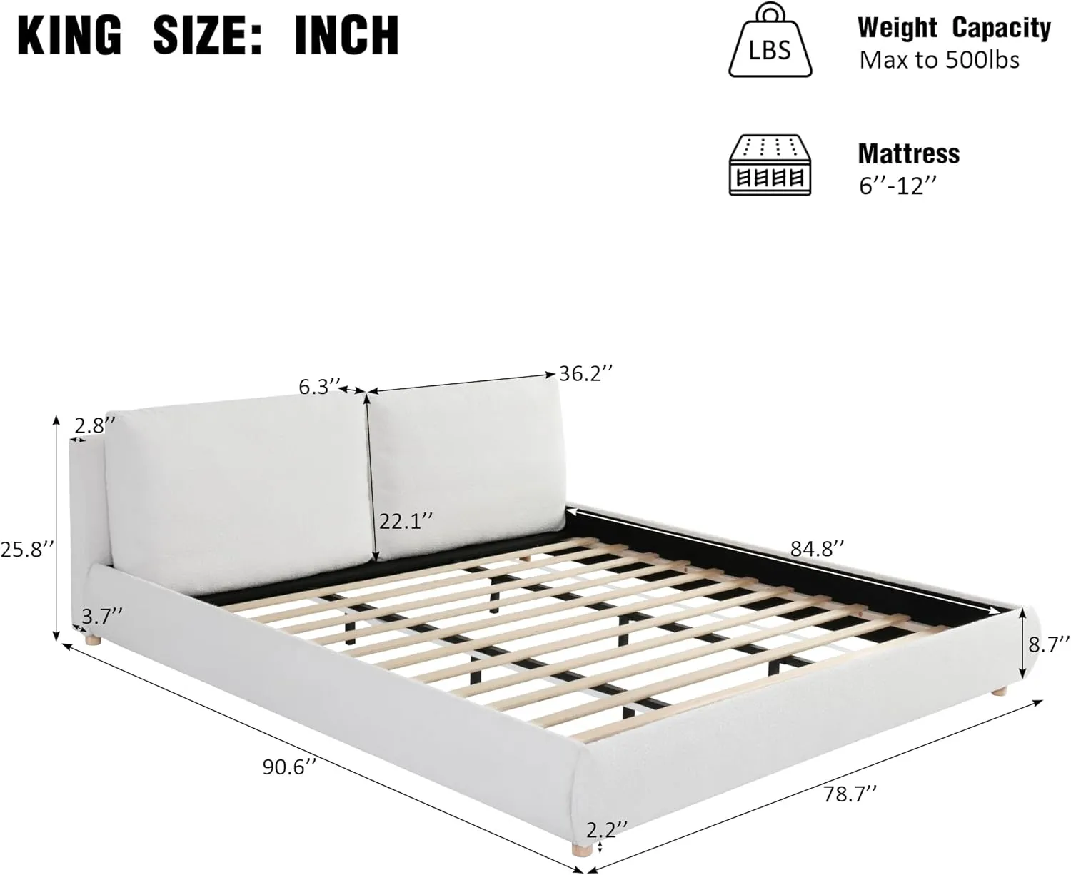 Merax King Size Boucle Fabric Upholstered Platform Bed with Two Removable Pillow Headboard, Wood Bed Frame with Solid Round Legs for Kids Teens Adults, White