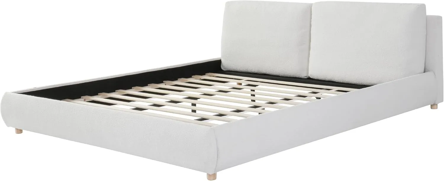 Merax King Size Boucle Fabric Upholstered Platform Bed with Two Removable Pillow Headboard, Wood Bed Frame with Solid Round Legs for Kids Teens Adults, White
