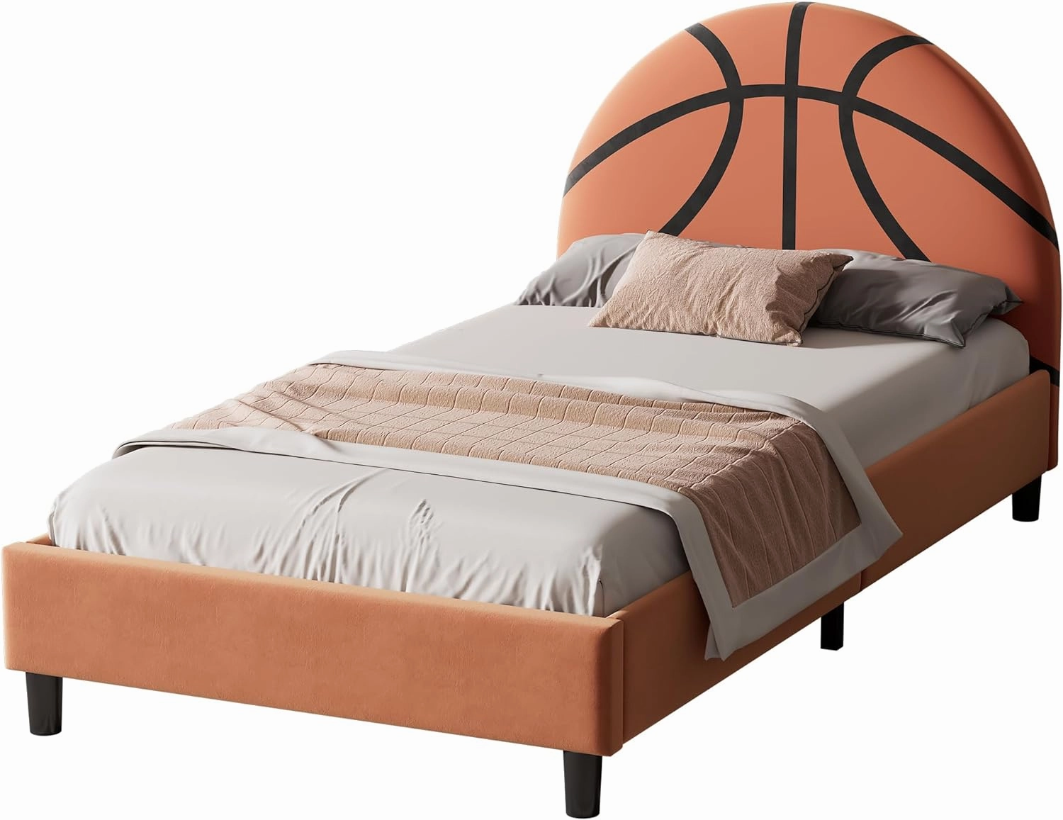Merax Basketball Design Velvet Upholstered Platform Bed for Boys, Girls, Teens, Twin Metal Platform Bed Frame for Bedroom, Children's Room, Solid Wooden Slat Support, No Box Spring Needed, Orange