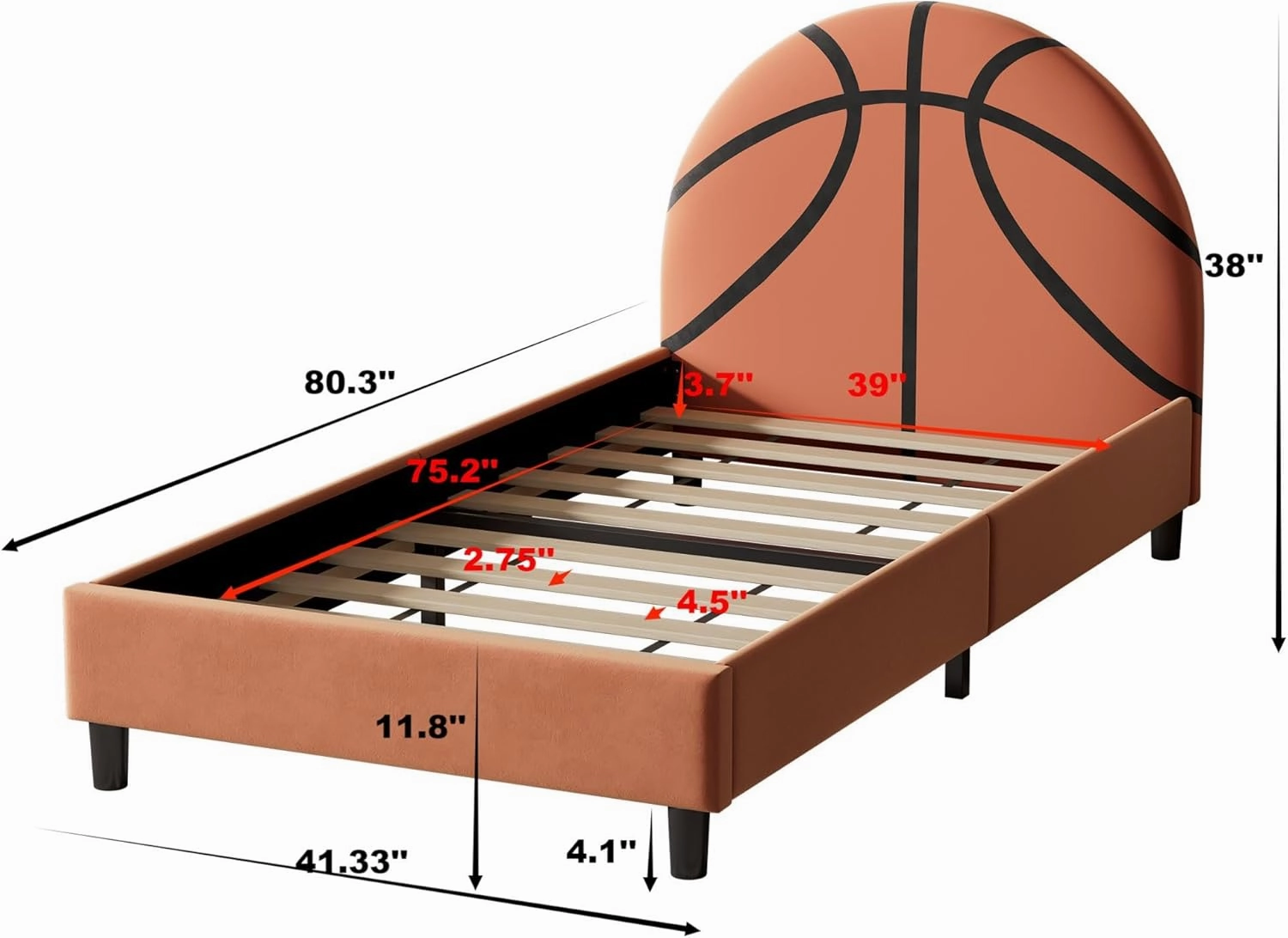 Merax Basketball Design Velvet Upholstered Platform Bed for Boys, Girls, Teens, Twin Metal Platform Bed Frame for Bedroom, Children's Room, Solid Wooden Slat Support, No Box Spring Needed, Orange
