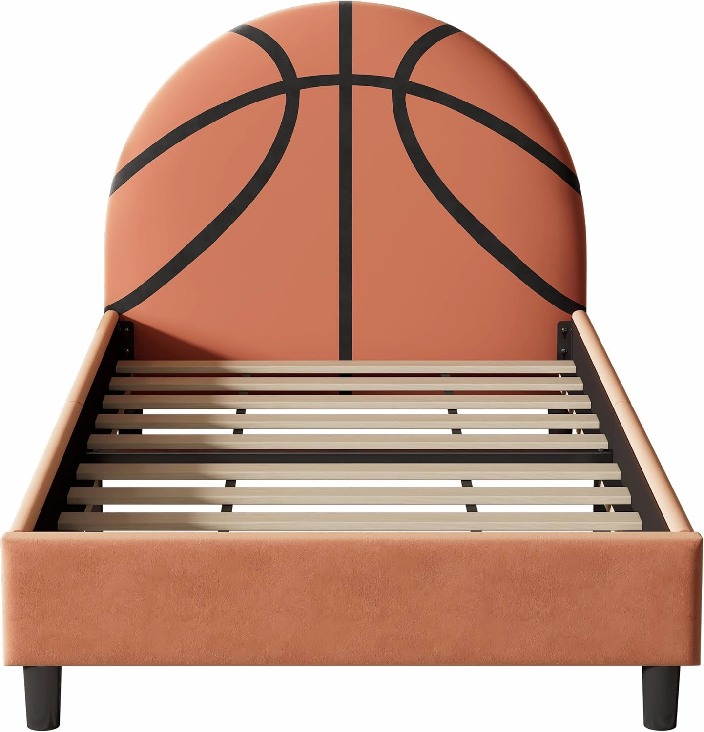 Merax Basketball Design Velvet Upholstered Platform Bed for Boys, Girls, Teens, Twin Metal Platform Bed Frame for Bedroom, Children's Room, Solid Wooden Slat Support, No Box Spring Needed, Orange