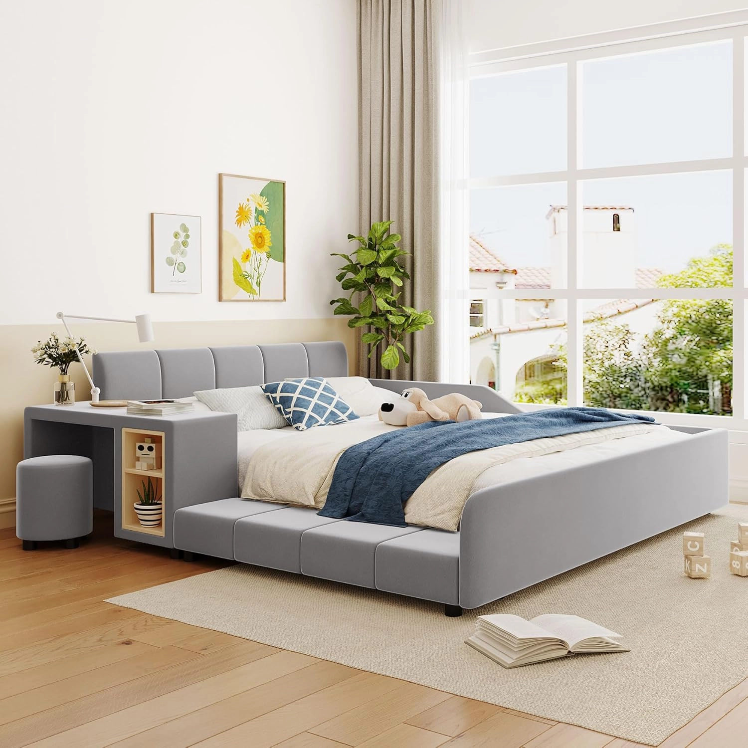 Merax Queen Upholstered Plush Velvet Mother and Baby Bed with Cushioned Ground,Bedside Table and Round Stool，Grey
