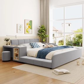 Merax Queen Upholstered Plush Velvet Mother and Baby Bed with Cushioned Ground,Bedside Table and Round Stool，Grey