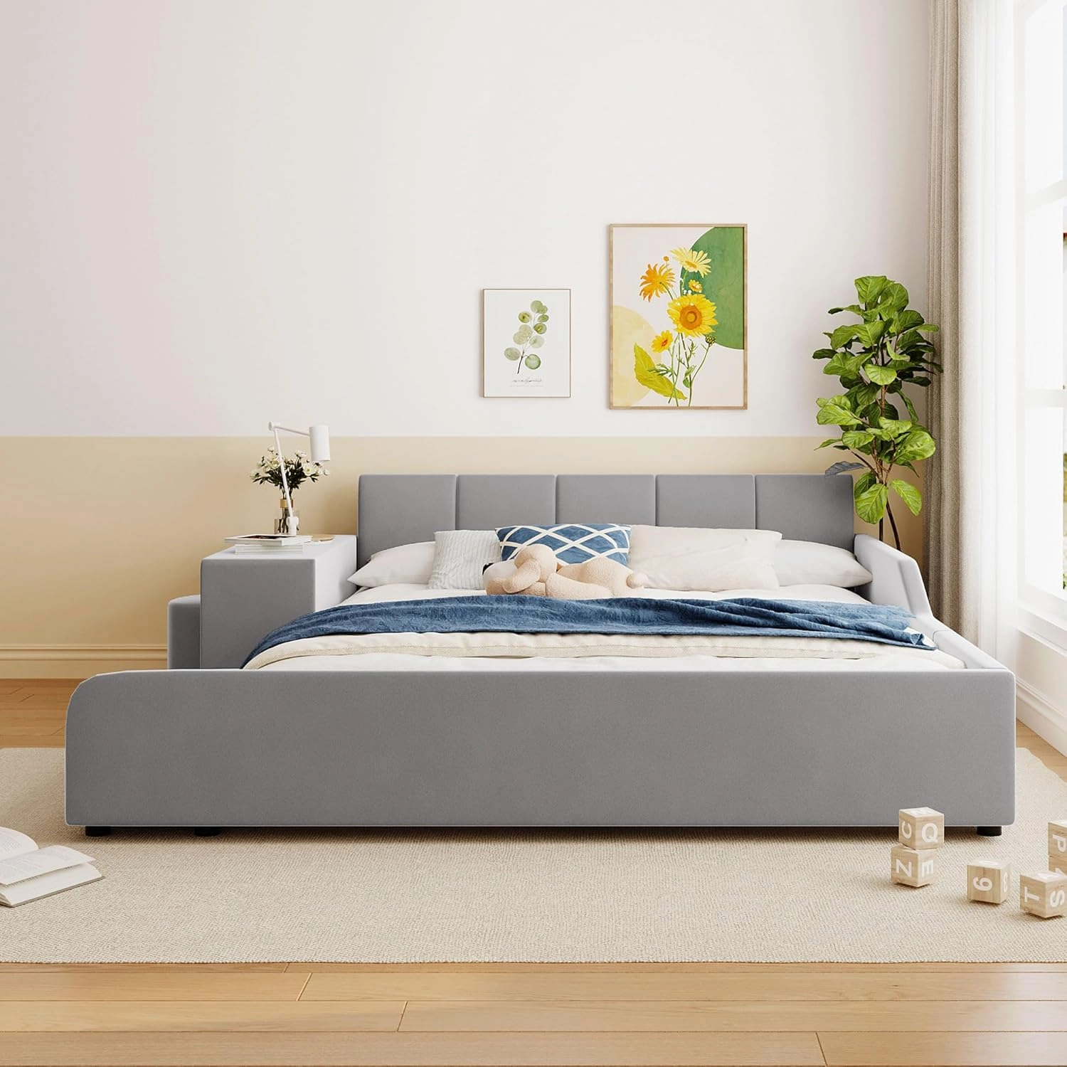 Merax Queen Upholstered Plush Velvet Mother and Baby Bed with Cushioned Ground,Bedside Table and Round Stool，Grey