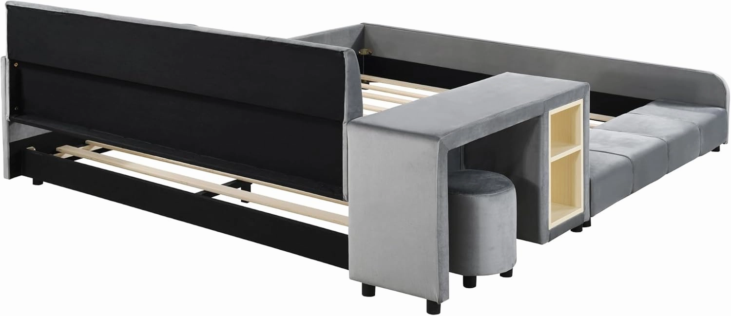 Merax Queen Upholstered Plush Velvet Mother and Baby Bed with Cushioned Ground,Bedside Table and Round Stool，Grey