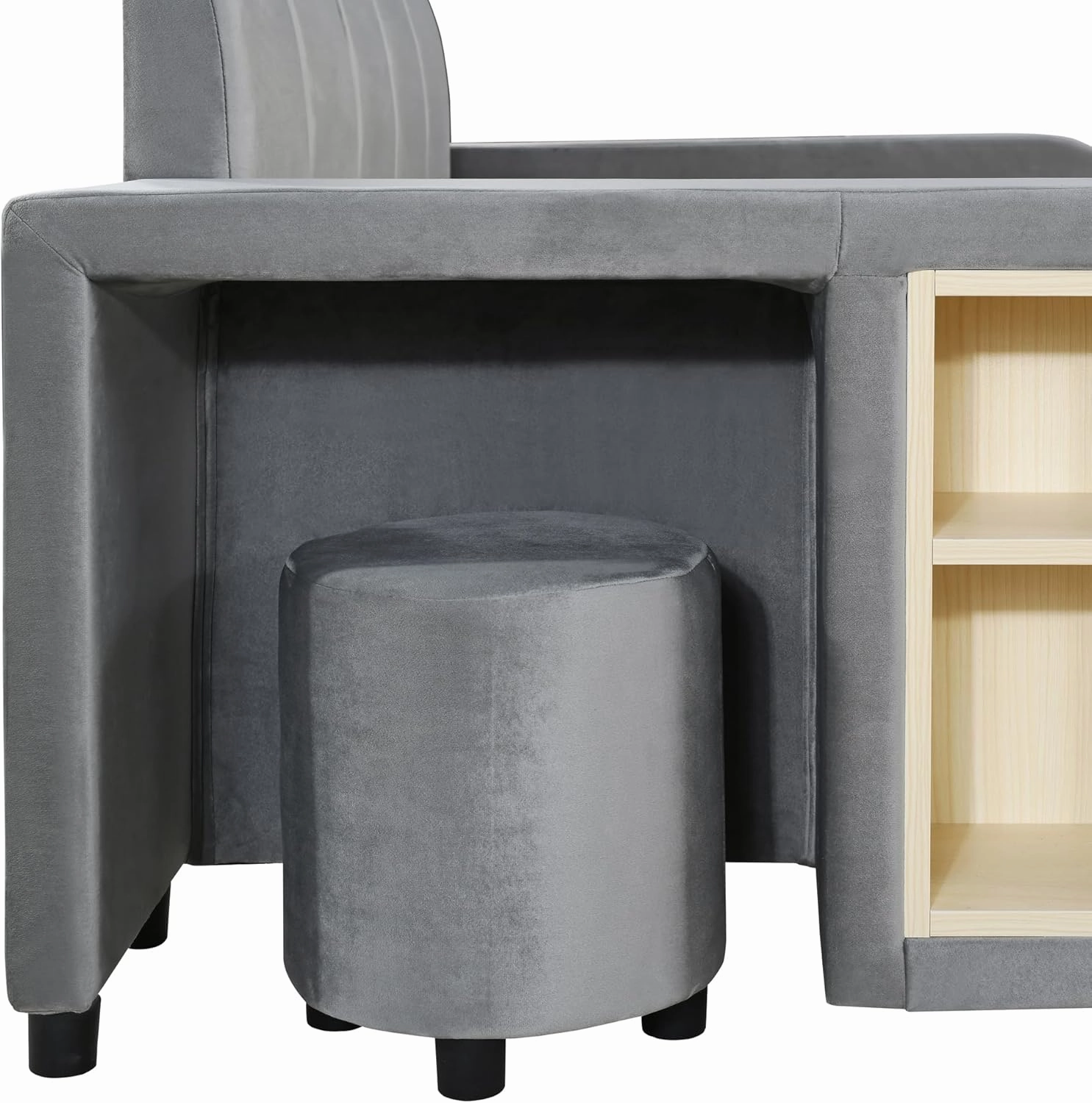 Merax Queen Upholstered Plush Velvet Mother and Baby Bed with Cushioned Ground,Bedside Table and Round Stool，Grey