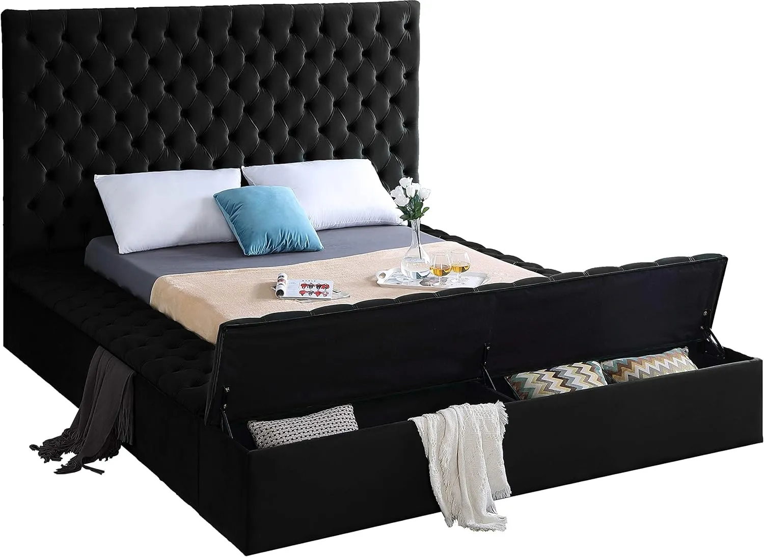 Meridian Furniture Bliss Collection Modern | Contemporary Velvet Upholstered Bed with Deep Button Tufting and Storage Compartments in Rails and Footboard, Black, Queen