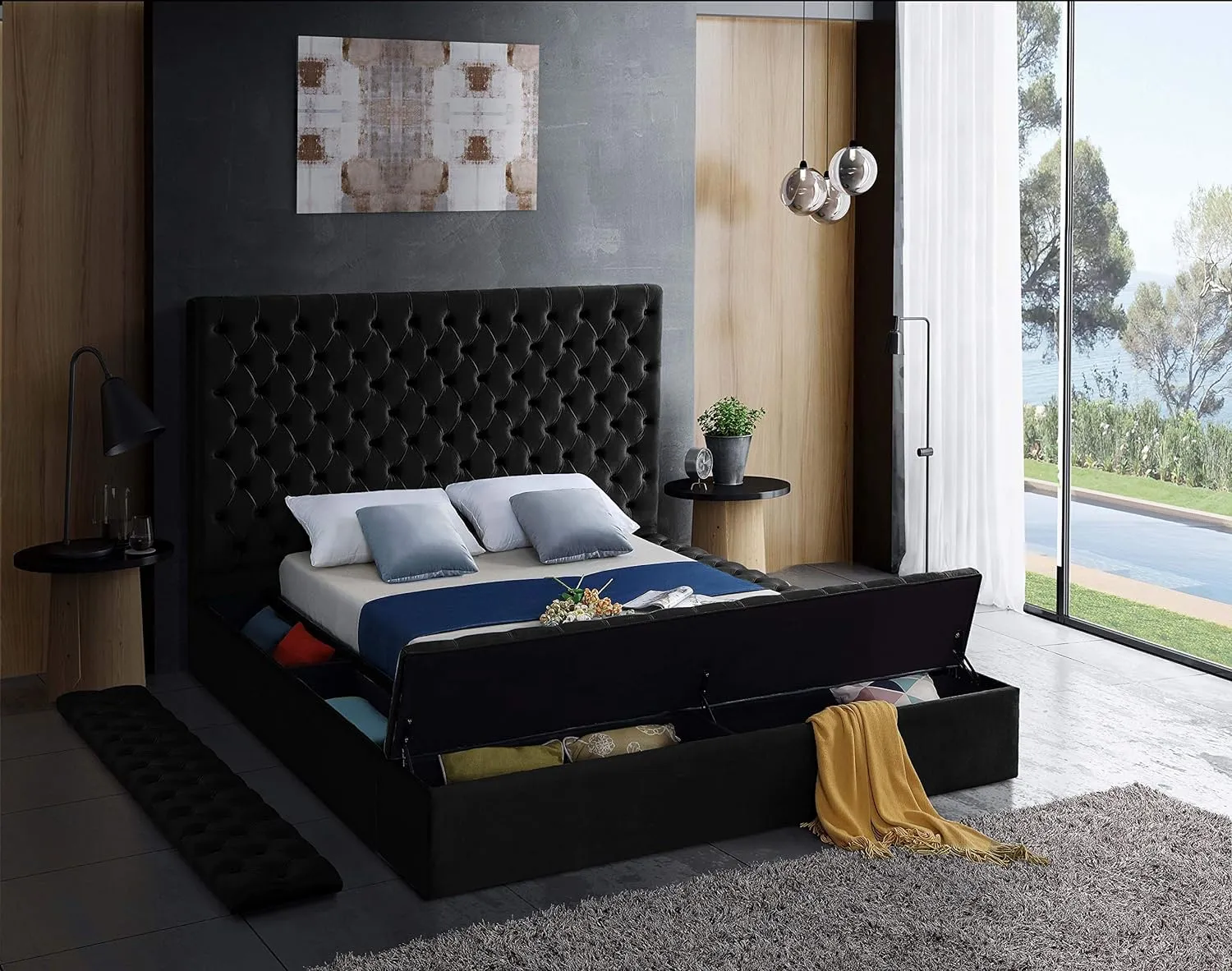 Meridian Furniture Bliss Collection Modern | Contemporary Velvet Upholstered Bed with Deep Button Tufting and Storage Compartments in Rails and Footboard, Black, Queen