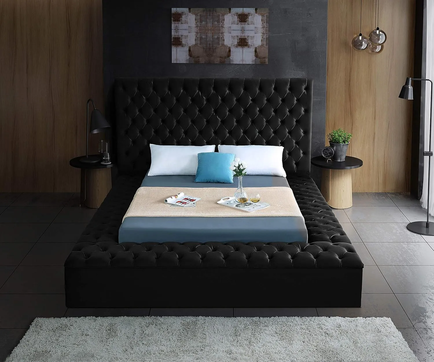 Meridian Furniture Bliss Collection Modern | Contemporary Velvet Upholstered Bed with Deep Button Tufting and Storage Compartments in Rails and Footboard, Black, Queen