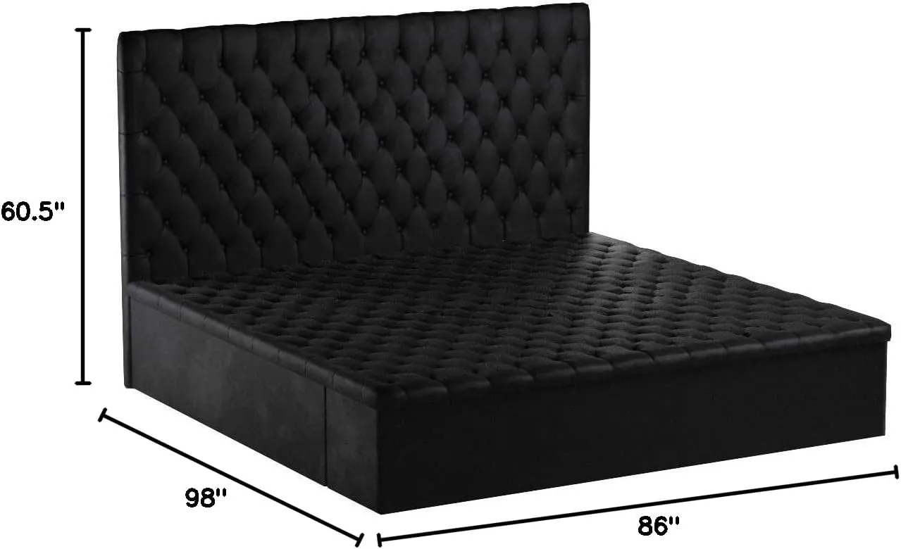 Meridian Furniture Bliss Collection Modern | Contemporary Velvet Upholstered Bed with Deep Button Tufting and Storage Compartments in Rails and Footboard, Black, Queen
